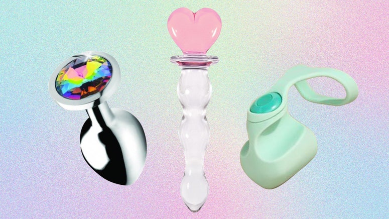 The best sex toys floating on a blue, purple, and green gradient background. 